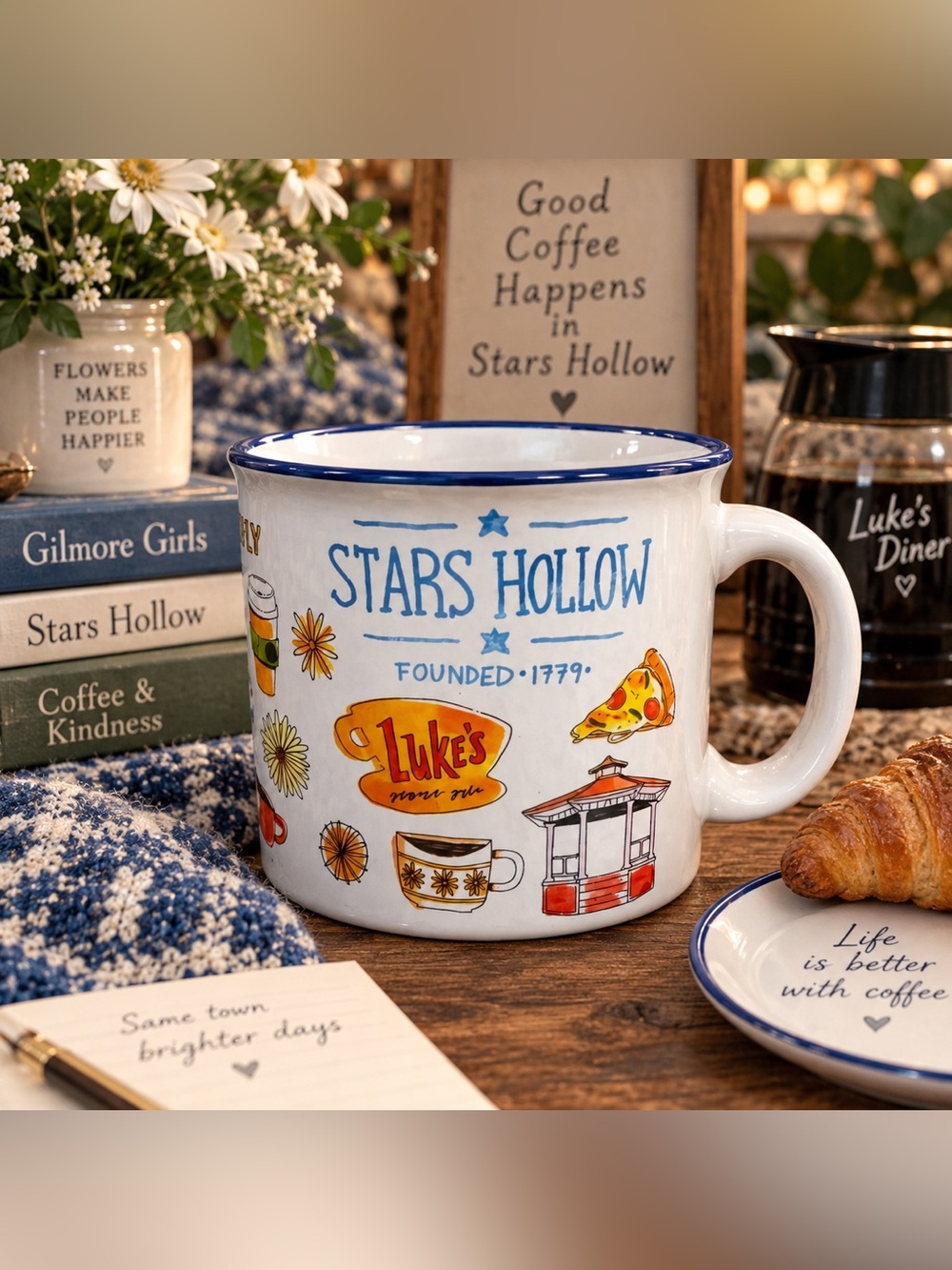 Stars Hollow Ceramic Mug - White with Blue Accents